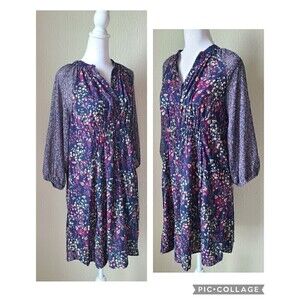 Umgee Floral Boho‎ Dress Small Tall Metallic Sheer Balloon Sleeves Pleats